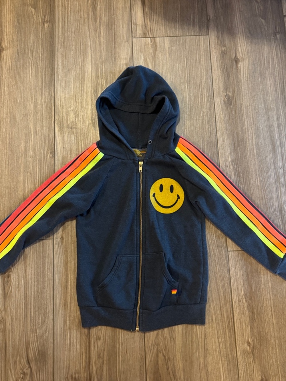 Aviator Nation Kids Navy Hoodie with Rainbow Stripe Sleeves and Smile Patch